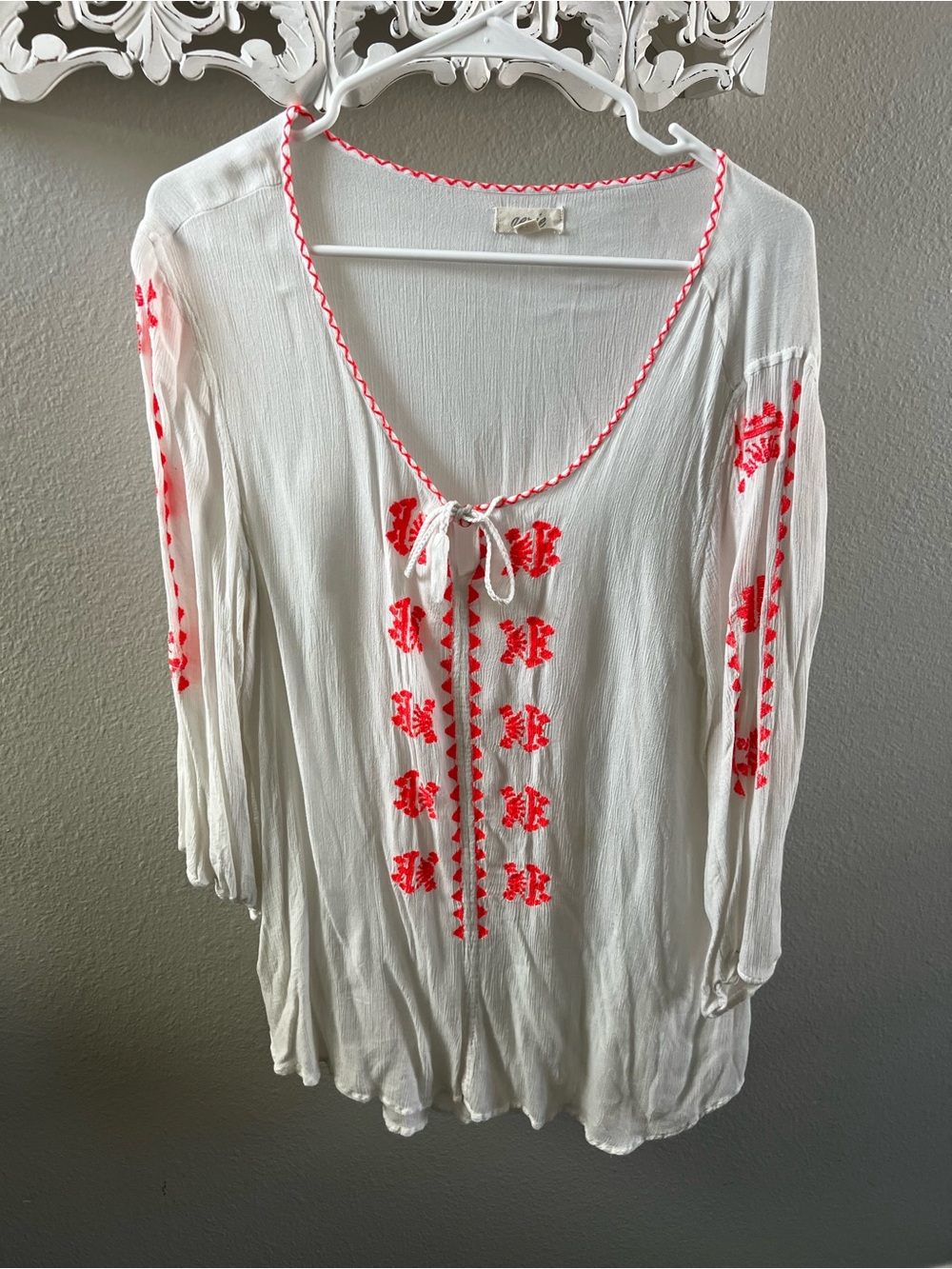 aerie White Tunic with Bright Coral Embroidery// bathingsuit cover // sm stain